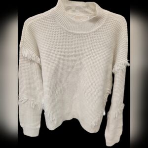 Michael Kors Cream Waffle Knit Fringe Sweater Mock Neck Boho Bone White Large